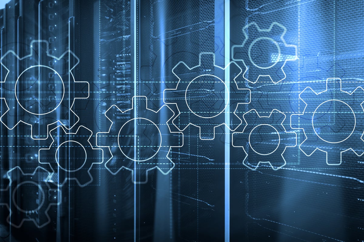 Gears mechanism, digital transformation, data integration and digital technology concept.